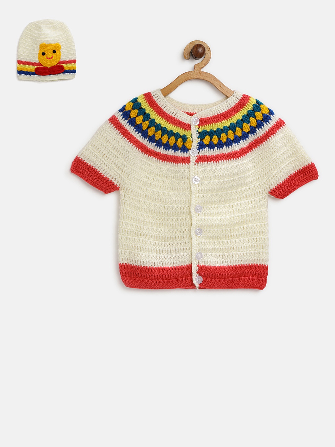 

CHUTPUT Kids Off-White & Pink Woollen Self Design Cardigan with Beanie