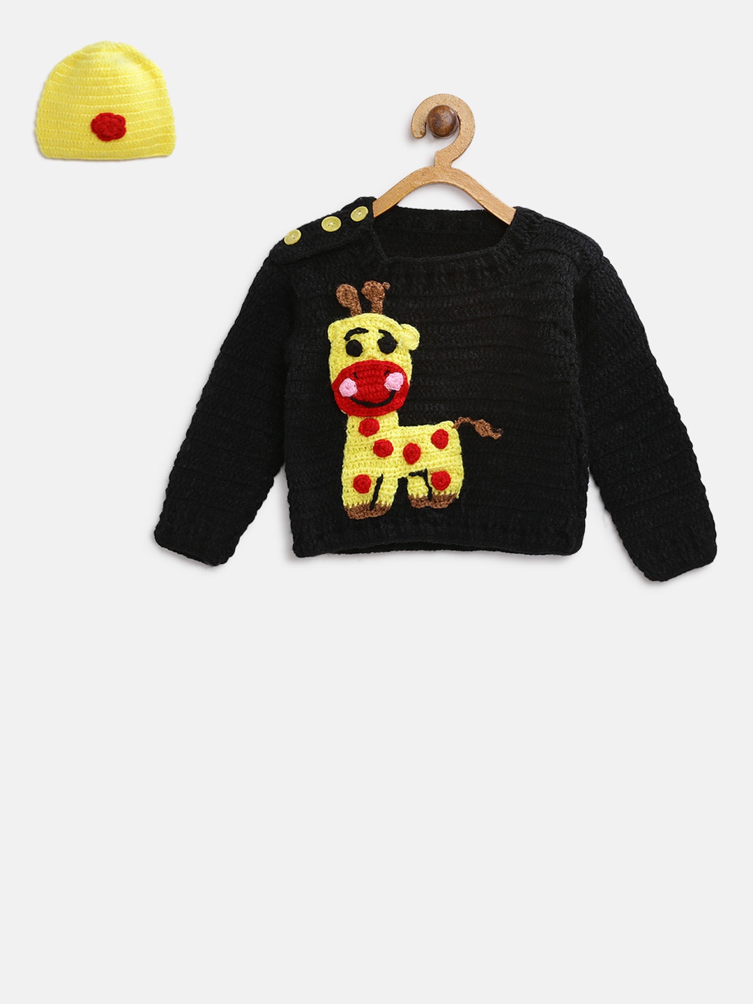 

CHUTPUT Kids Black & Yellow Woollen Applique Sweater with Beanie