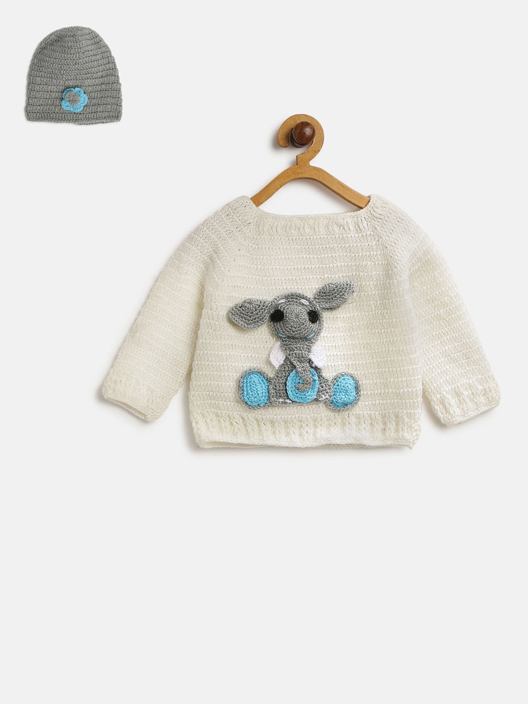 

CHUTPUT Kids Off-White & Grey Applique Pullover with Beanie, Cream