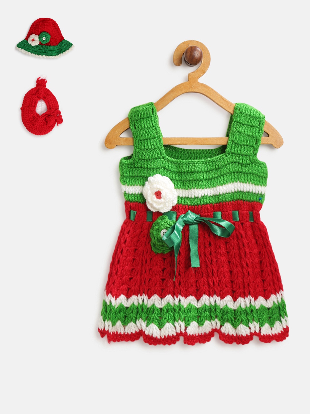 

CHUTPUT Girls Red & Green Woollen Self Design Sweater Dress