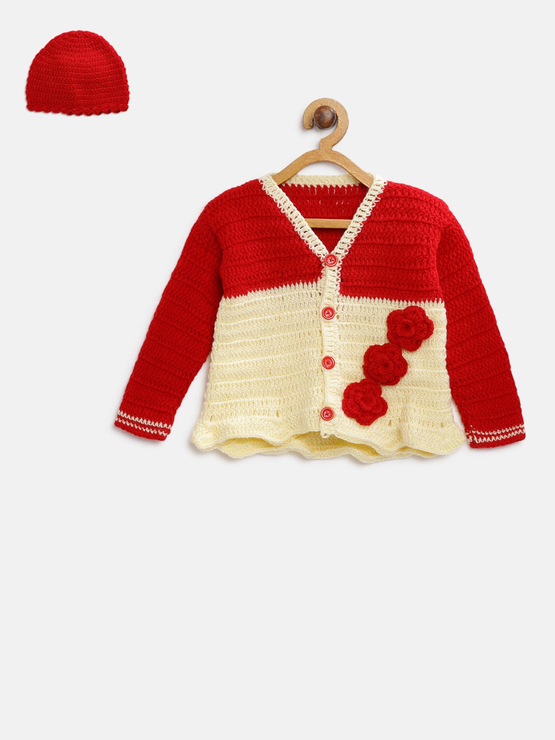 

CHUTPUT Girls Cream-Coloured & Red Colourblocked Sweater Dress with Beanie