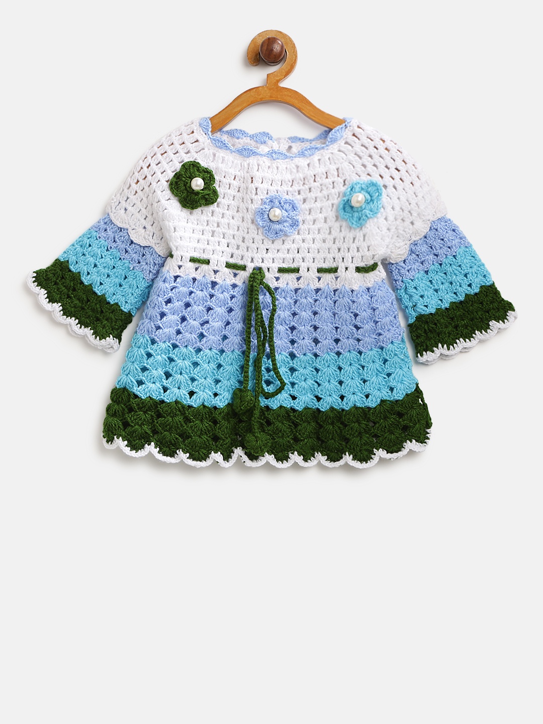 

CHUTPUT Girls Blue & White Woollen Self Design Open Knit Sweater Dress
