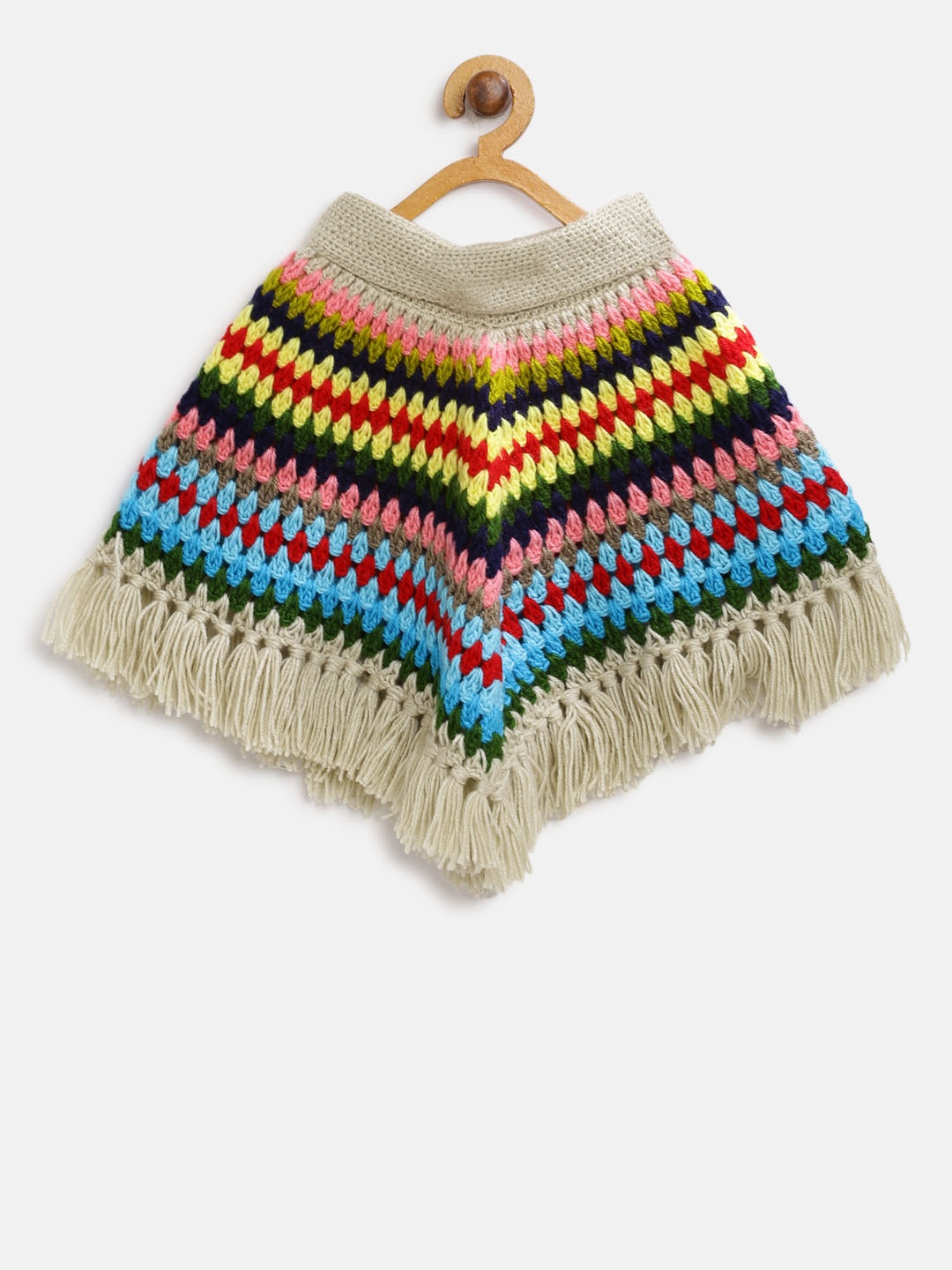 

CHUTPUT Girls Multicoloured Woollen Open Knit Self-Striped Poncho, Multi