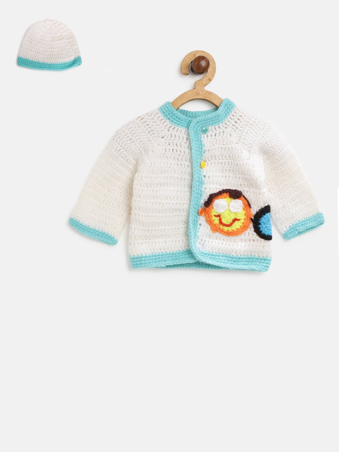 

CHUTPUT Kids Off-White & Blue Applique Cardigan with Beanie