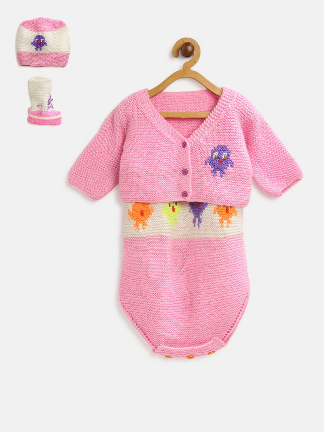 

CHUTPUT Unisex Pink & White Self Design Cardigan with Bodysuit