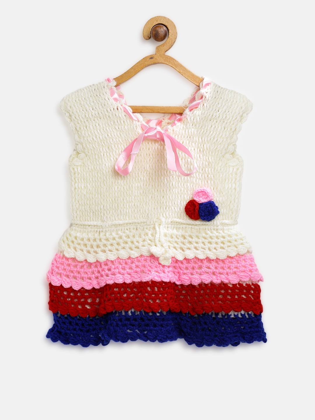 

CHUTPUT Girls Cream-Coloured Woollen Self Design Tiered Sweater Dress
