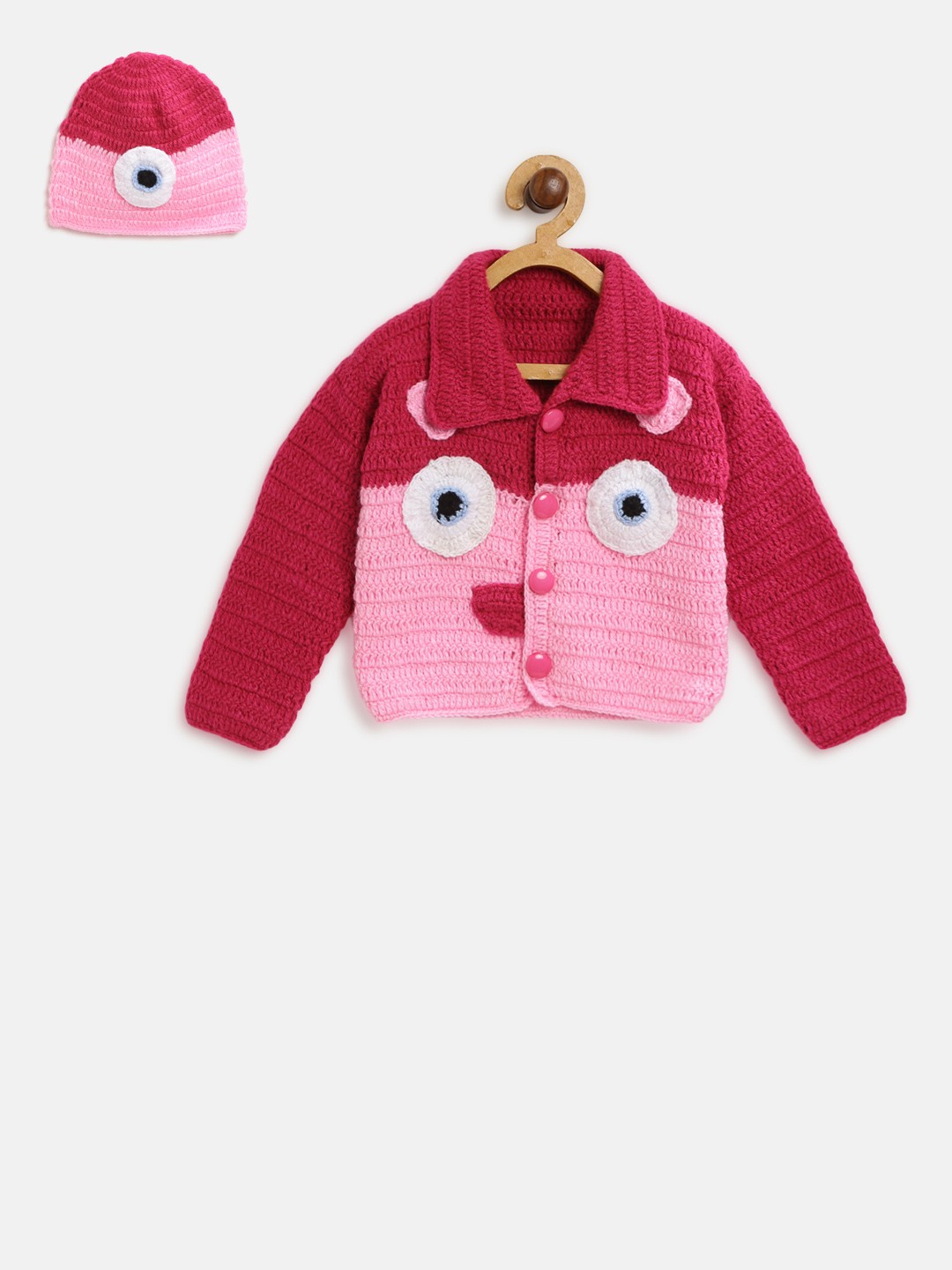 

CHUTPUT Kids Pink Colourblocked Cardigan With Beanie