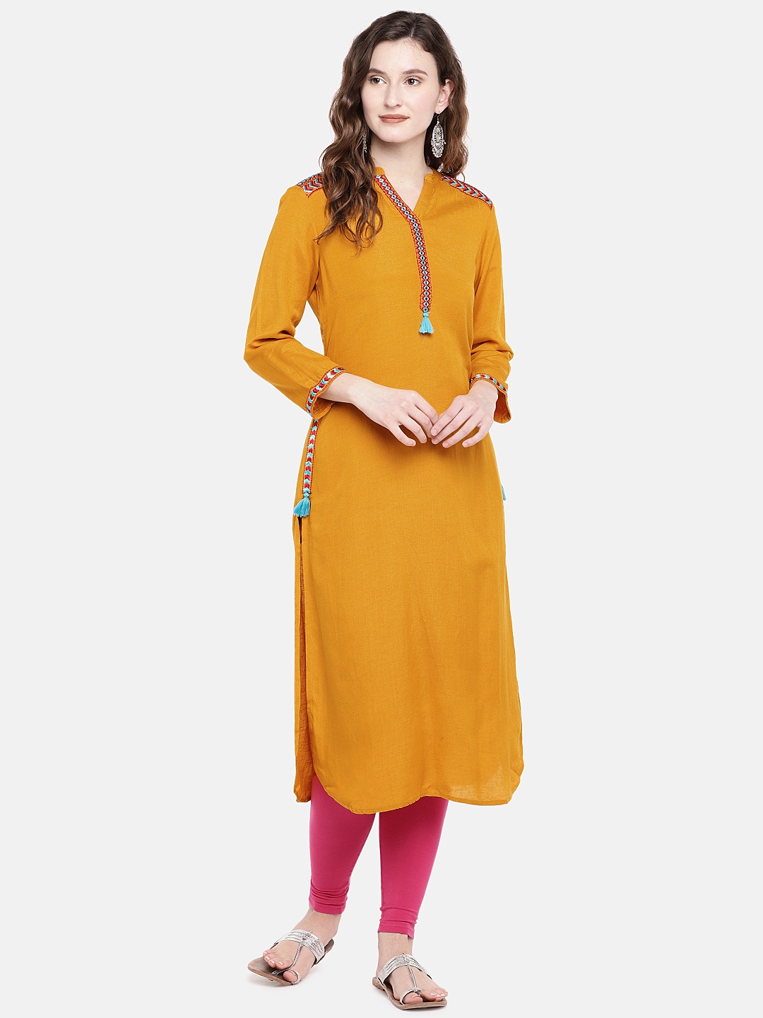 

Ethnicity Women Mustard Yellow Solid Straight Kurta