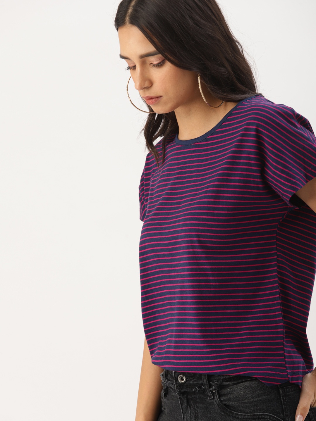 

DressBerry Women Navy Blue Red Striped Round Neck Pure Cotton T-shirt