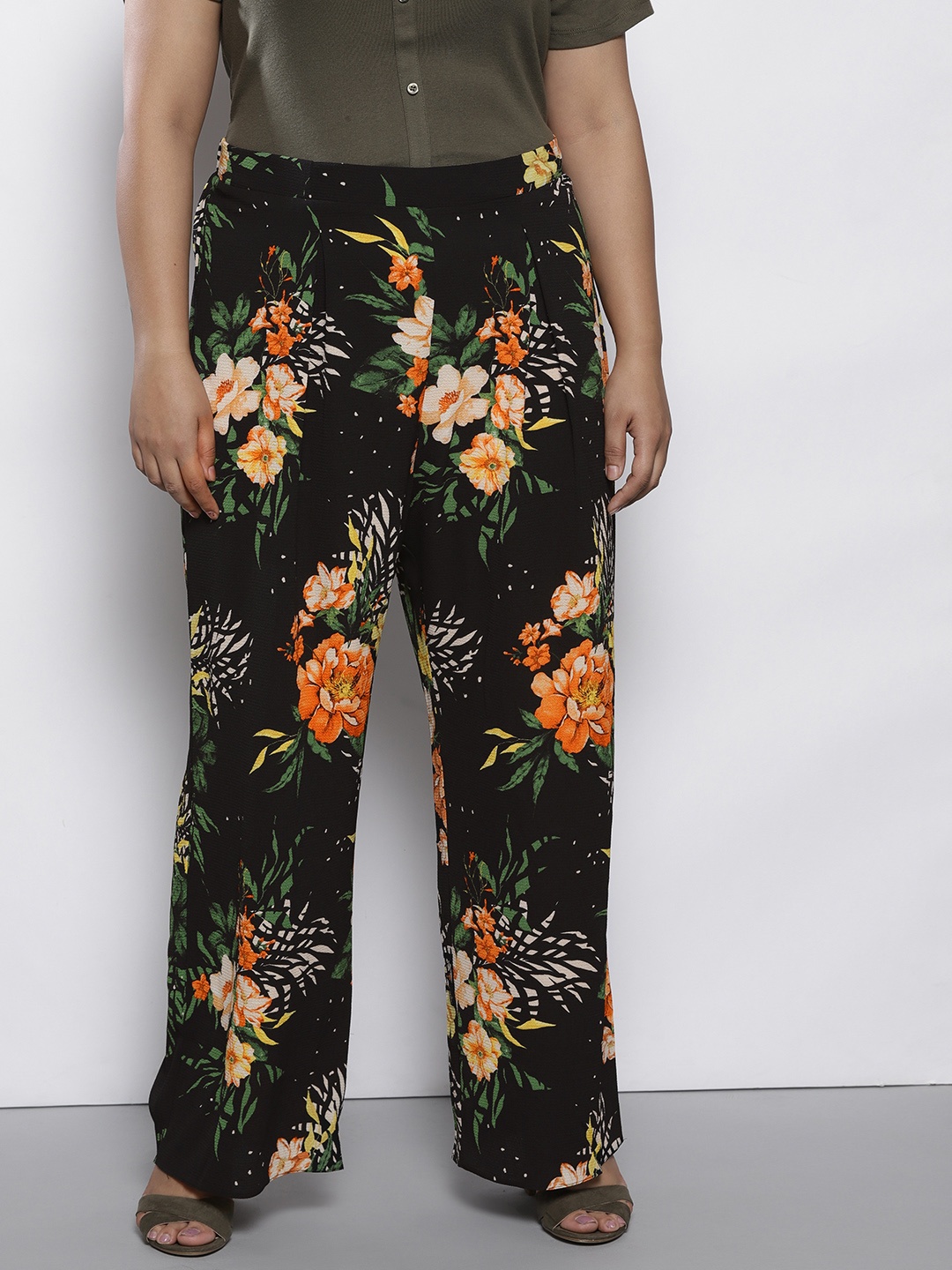 

DOROTHY PERKINS Women Black & Orange Floral Print Parallel Trousers