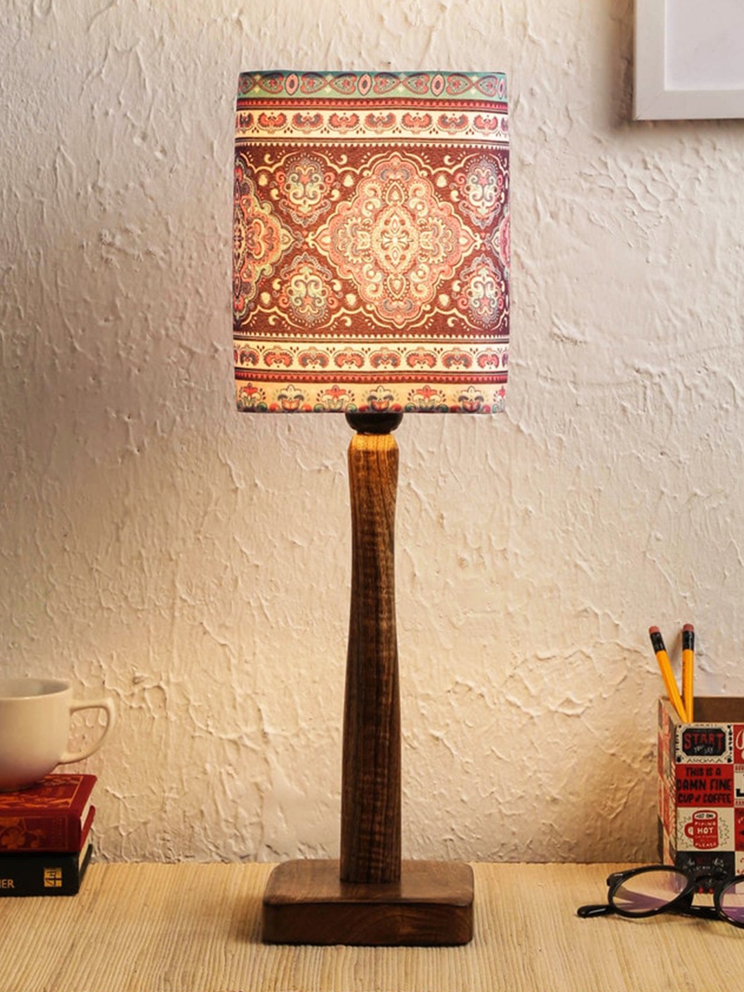 

green girgit Brown Printed Ancient Art Wooden Table Lamp with Shade