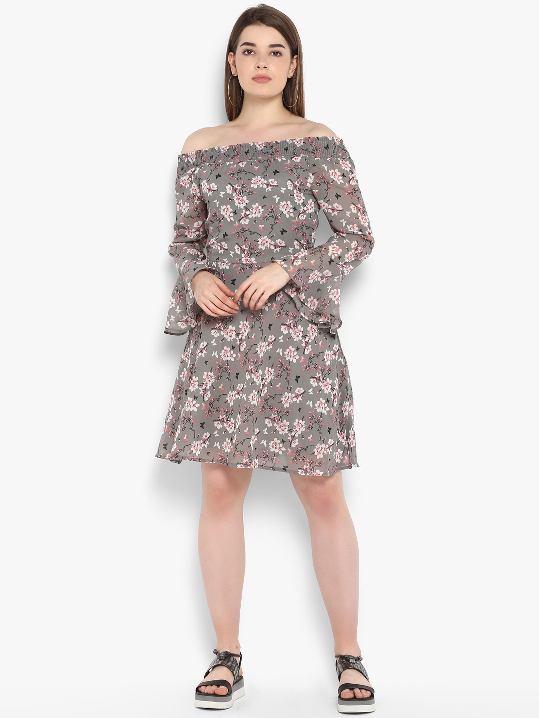 

PURYS Women Grey Printed Fit and Flare Dress
