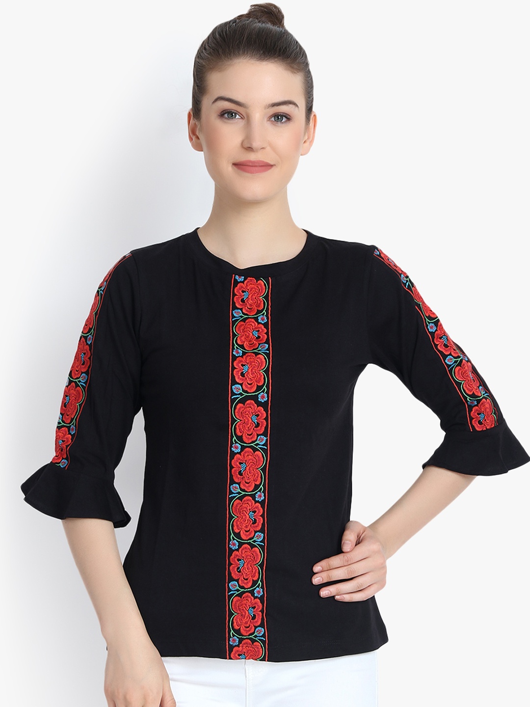 

PURYS Women Black Embroidered Top