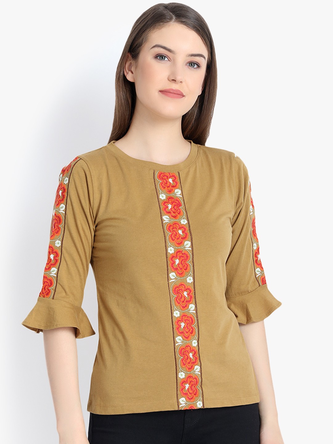 

PURYS Women Brown Embroidered Top