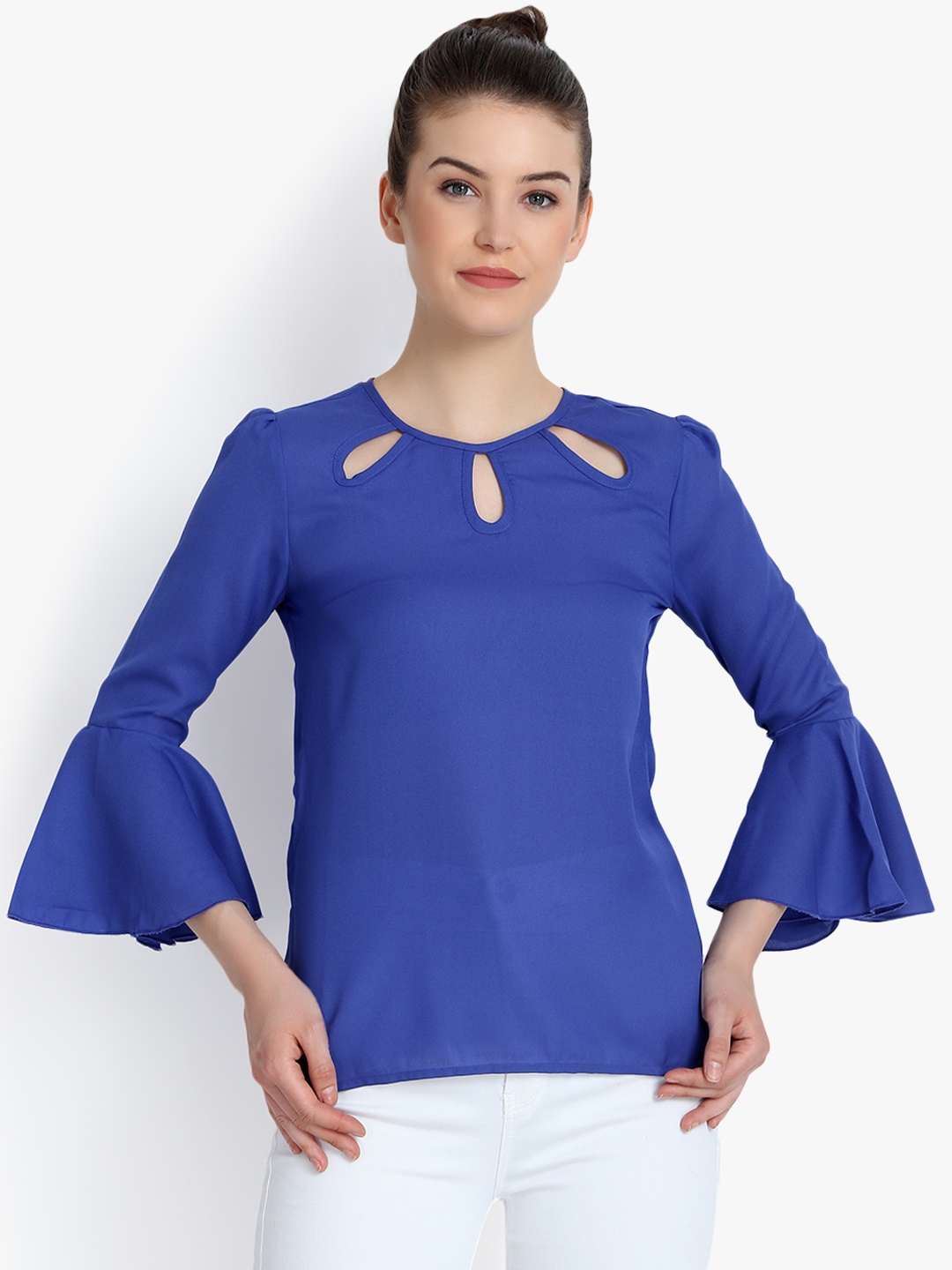 

PURYS Women Blue Solid A-Line Top