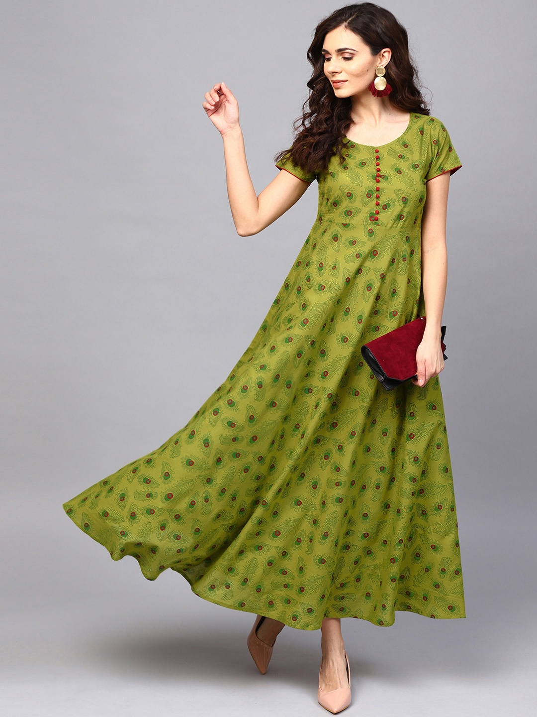 

AKS Women Green & Red Printed Maxi Dress