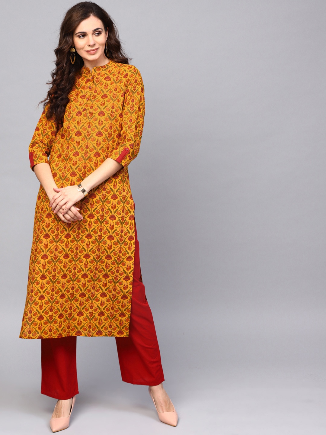 

AKS Women Mustard Yellow & Maroon Printed Straight Kurta