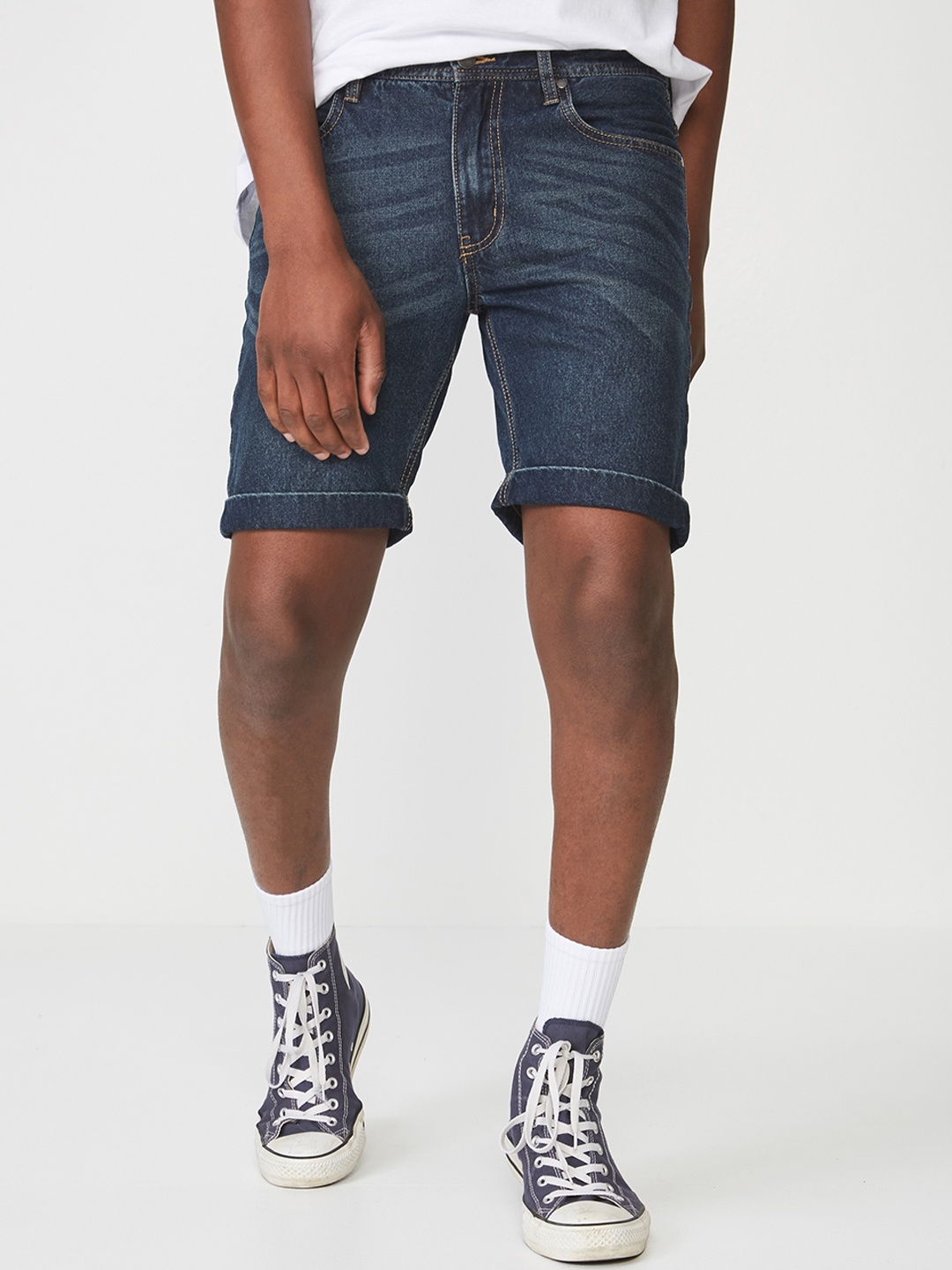 

COTTON ON Men Blue Washed Regular Fit Denim Shorts