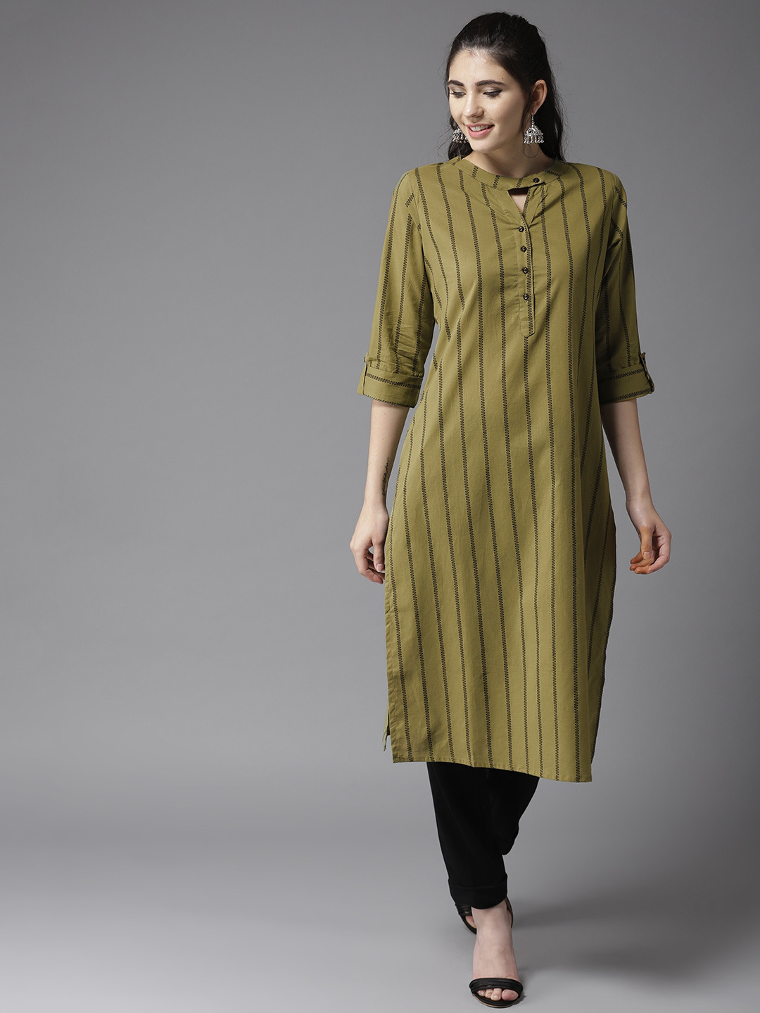 

HERE&NOW Women Olive Green & Black Striped Straight Kurta