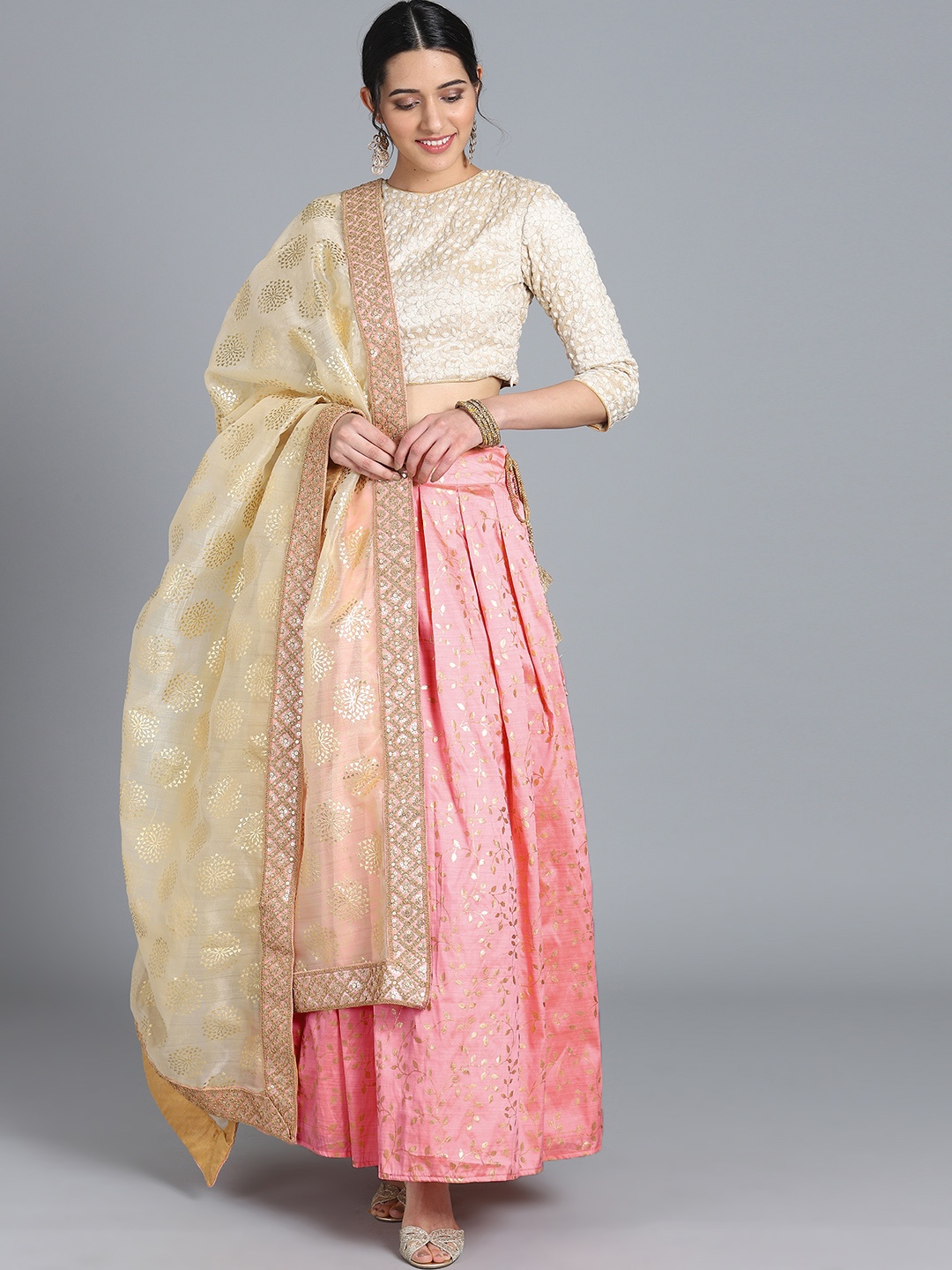 

Ethnovog Pink Off-White Printed Made to Measure Lehenga Blouse with Dupatta