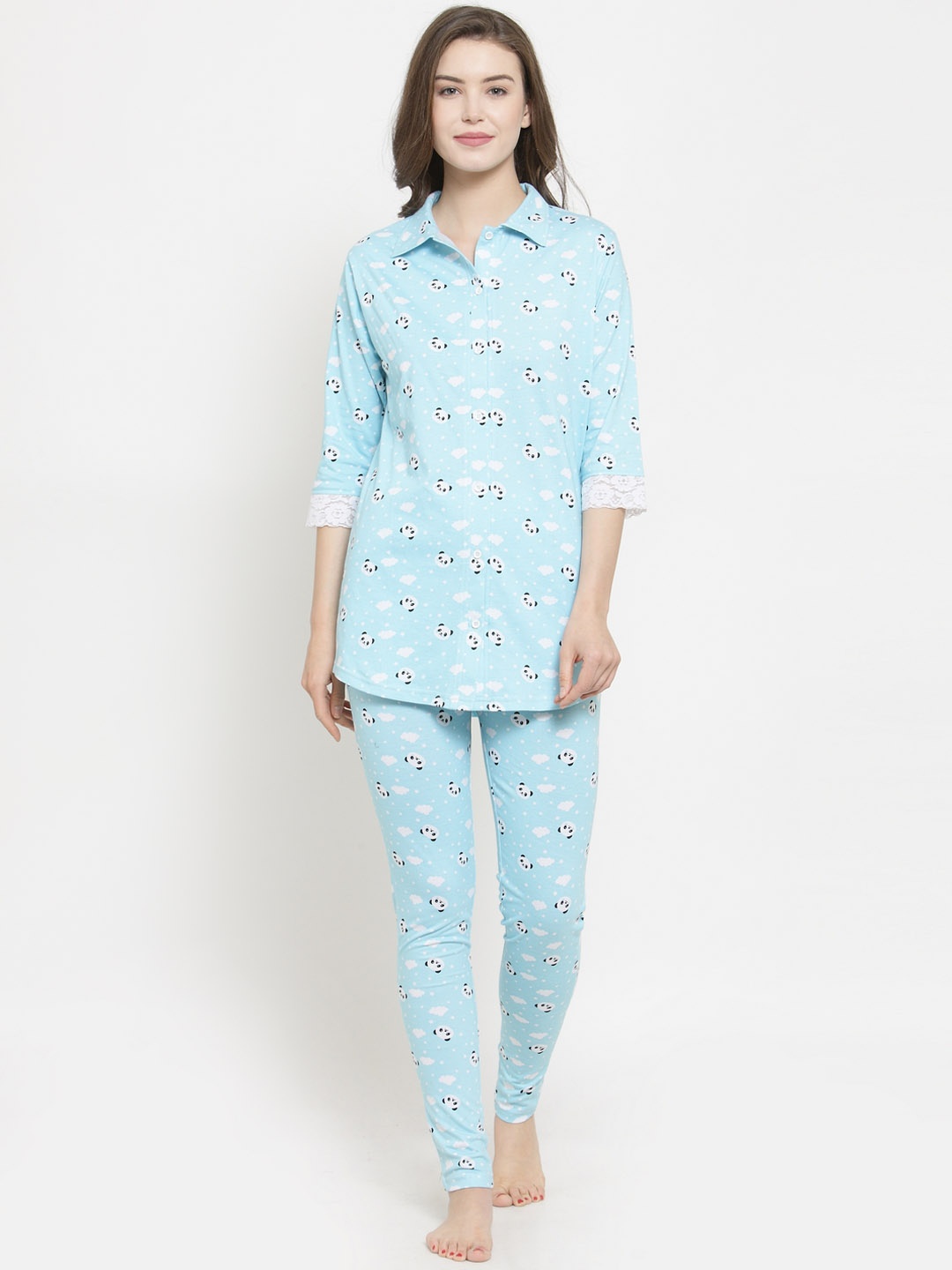 

Claura Women Turquoise Blue & White Printed Night suit