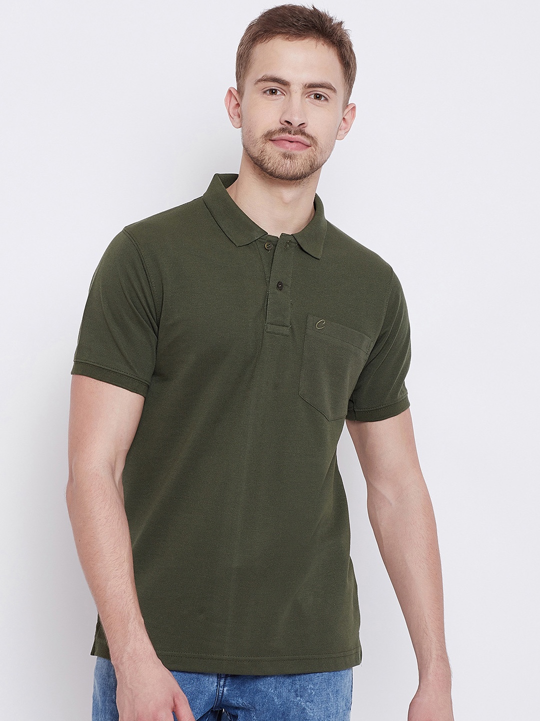 

Camey Men Olive Green Solid Polo Collar T-shirt