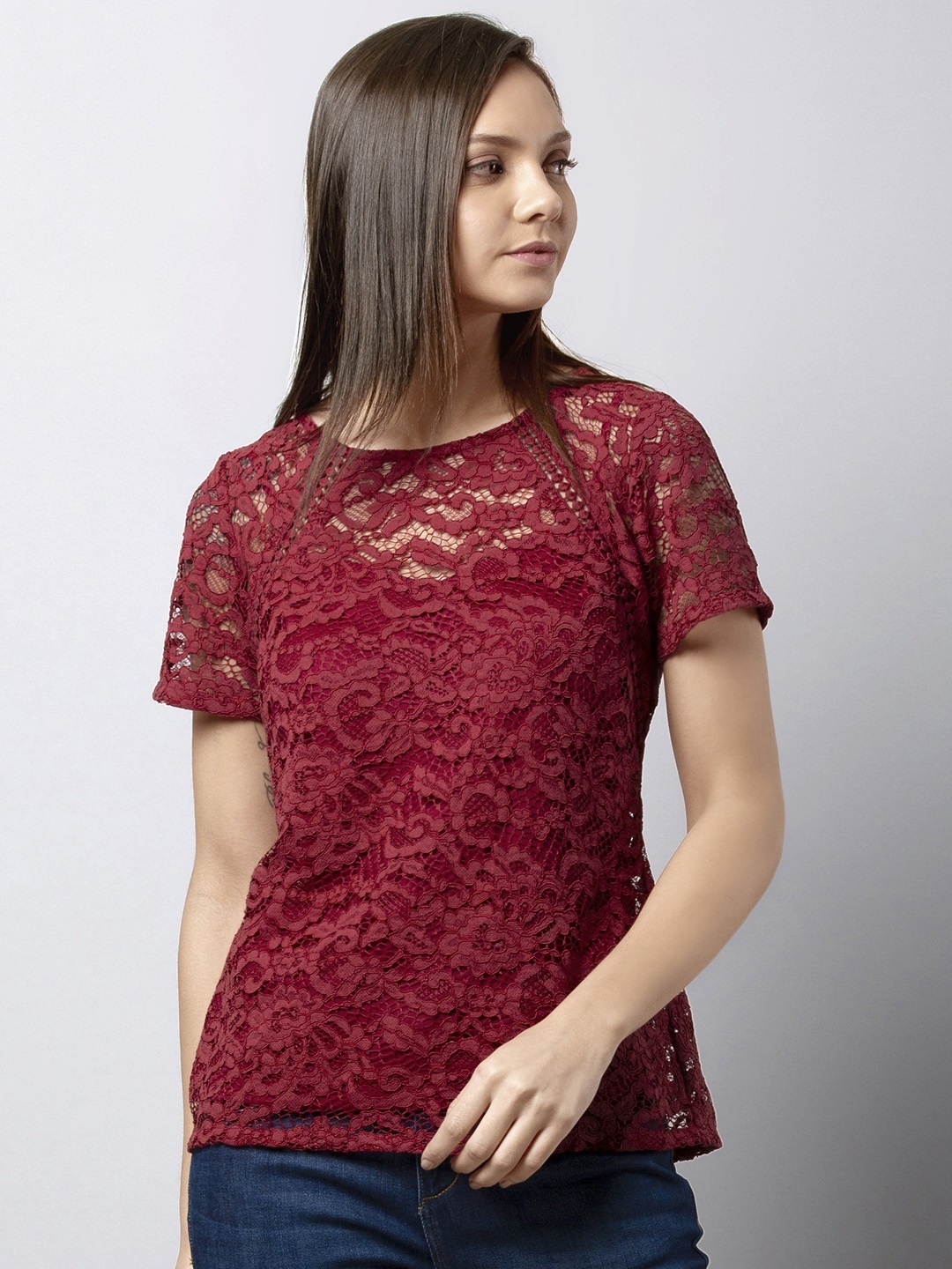 

FabAlley Women Maroon Self Design Top