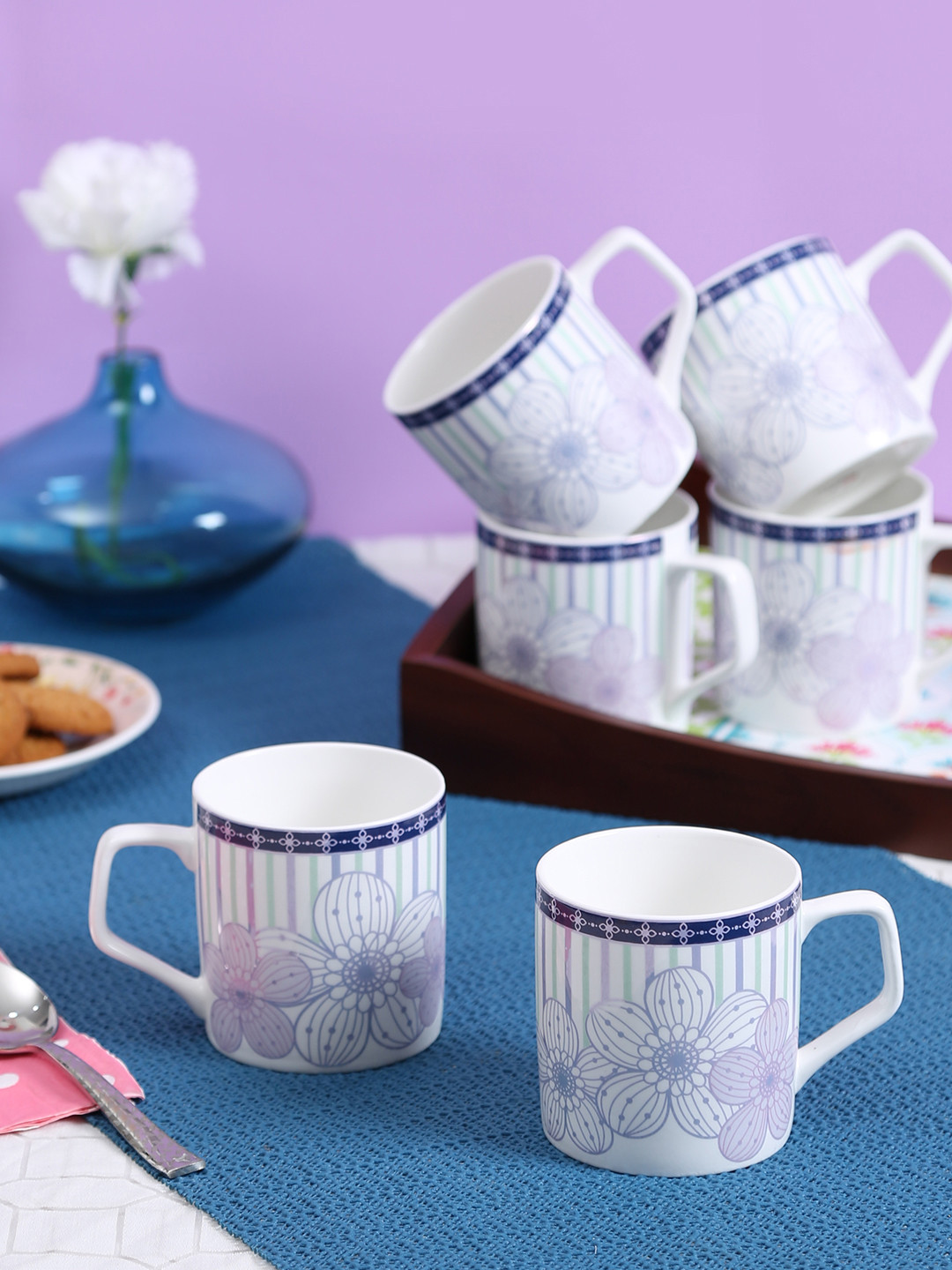 

CLAY CRAFT White & Lavender 6-Pieces Printed Ceramic Cups Set