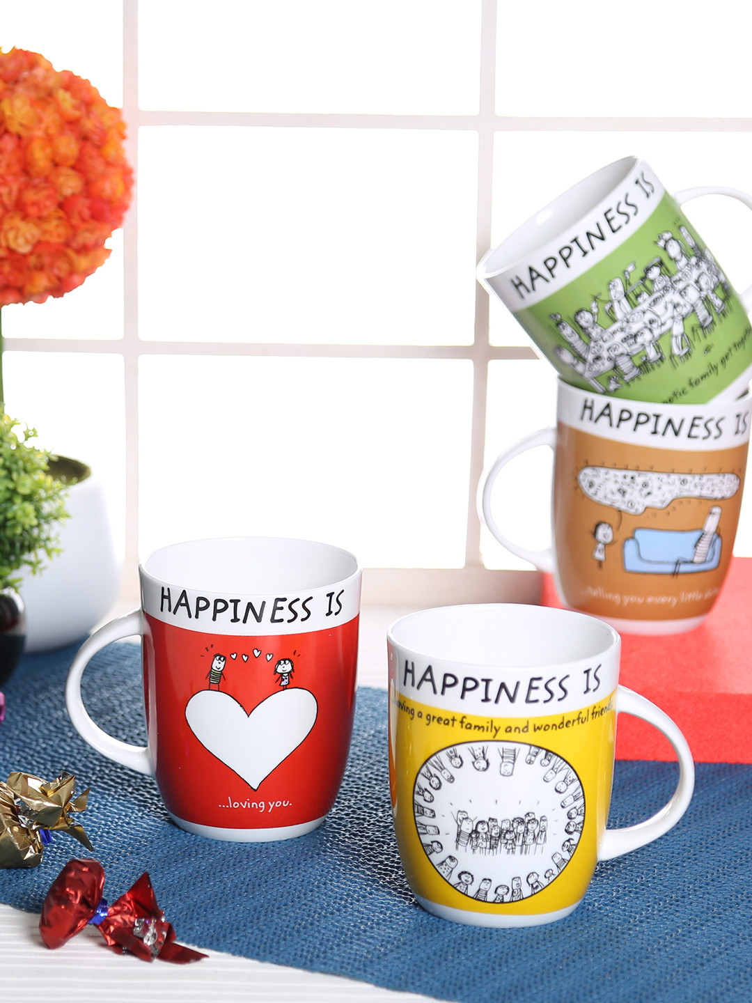 

CLAY CRAFT Multicoloured 4-Pieces Printed Ceramic Coffee Mugs, Multi