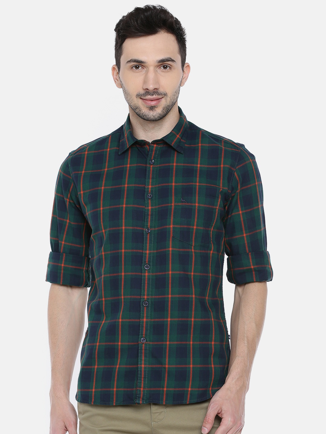 

Parx Men Green & Orange Slim Fit Checked Casual Shirt