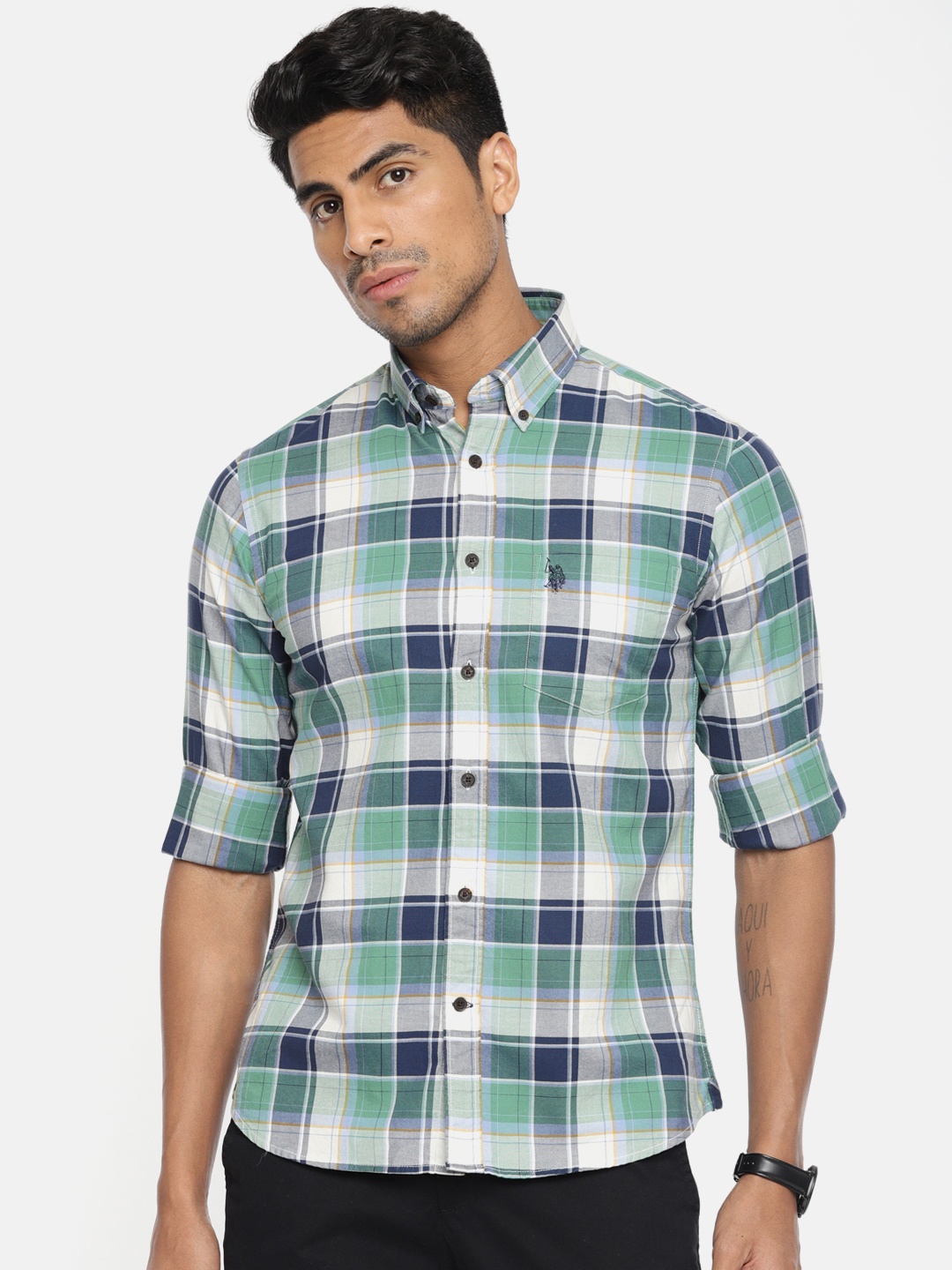 

U.S. Polo Assn. Men Green & Navy Blue Tailored Fit Checked Casual Shirt