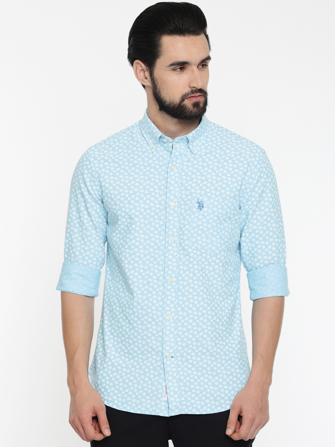 

U.S. Polo Assn. Men Blue & White Tailored Fit Printed Casual Shirt