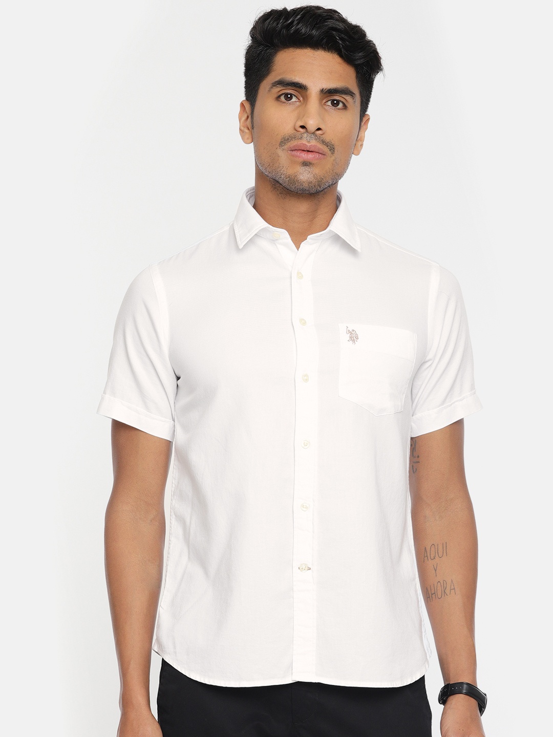 

U.S. Polo Assn. Men White Tailored Fit Self Design Casual Shirt