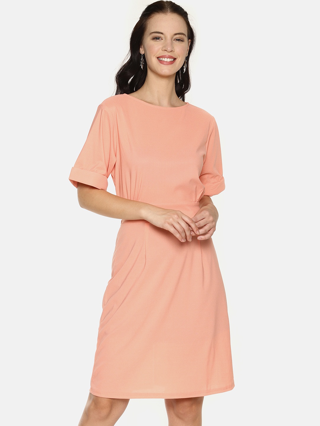 

AARA Women Orange Solid Fit and Flare Dress