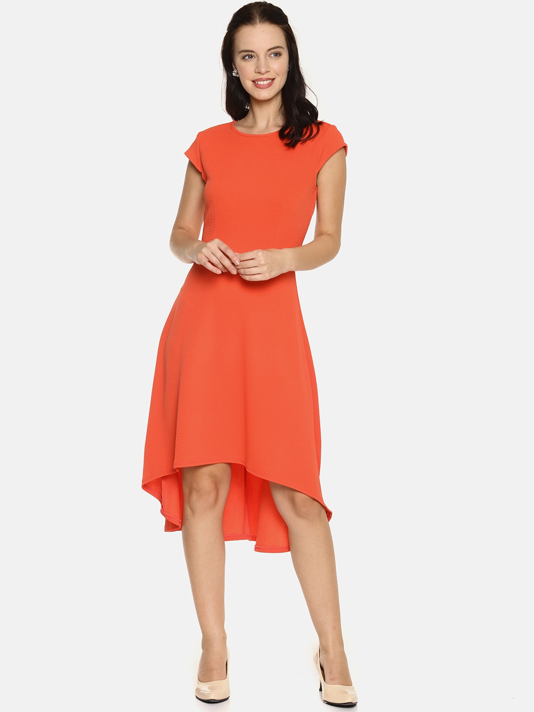 

AARA Women Orange Solid Fit and Flare Dress
