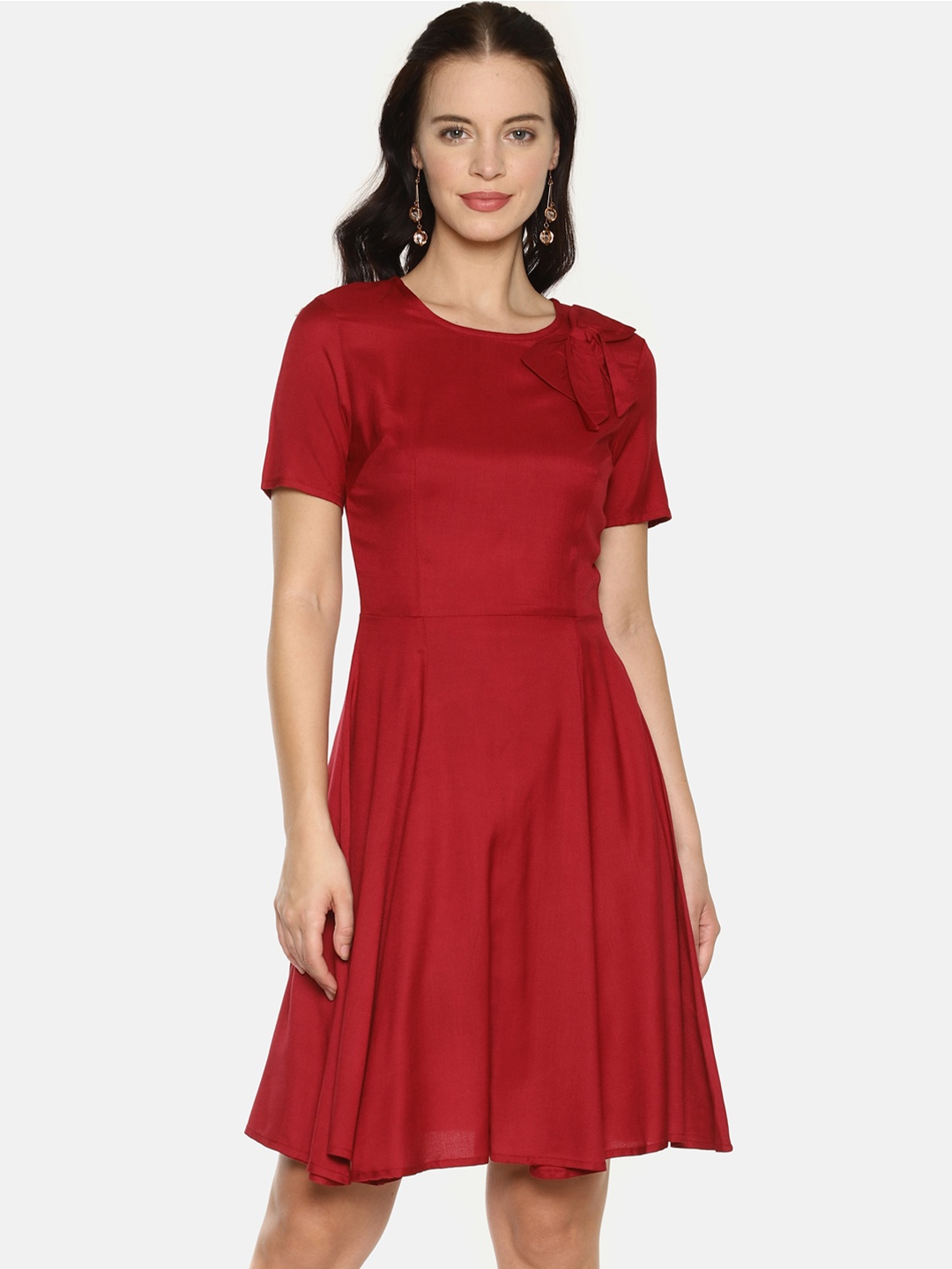 

AARA Women Maroon Solid Fit and Flare Dress