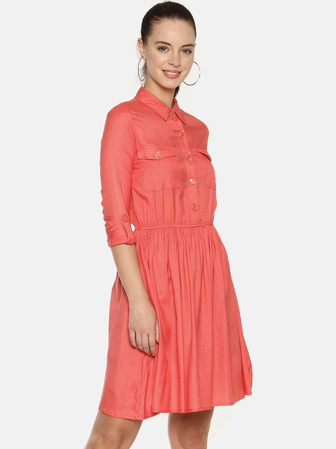 

AARA Women Coral Solid Shirt Dress