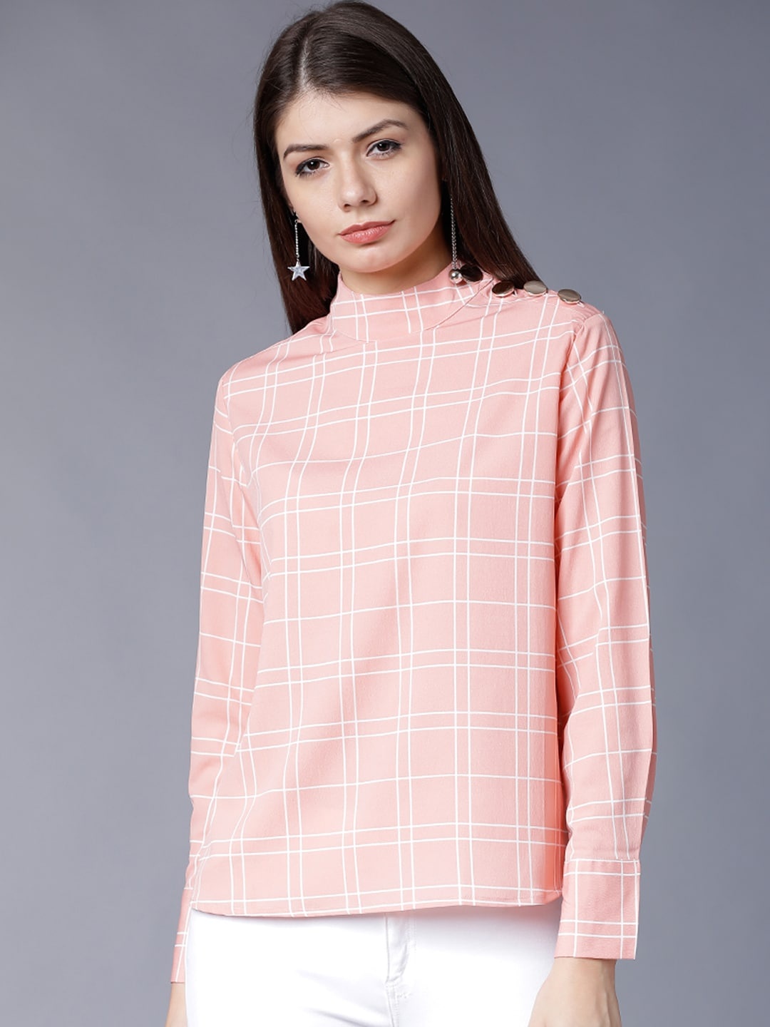 

Tokyo Talkies Women Peach-Coloured Checked A-Line Top
