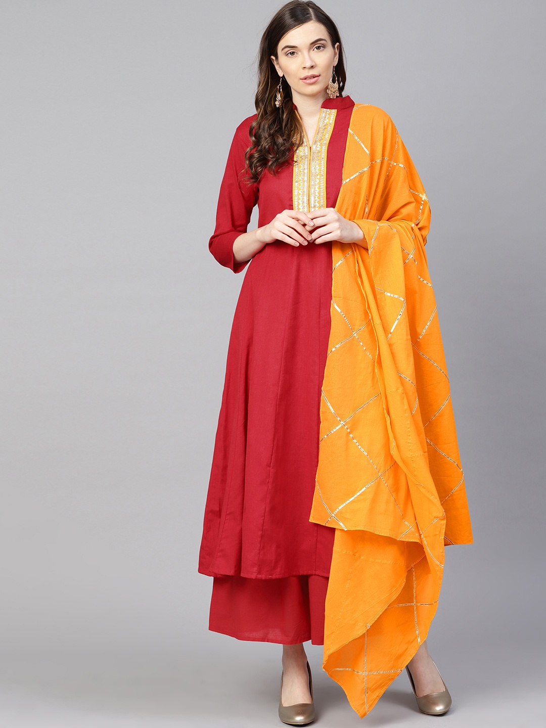 

Bhama Couture Women Red & Mustard Yellow Yoke Design Kurta with Palazzos & Dupatta