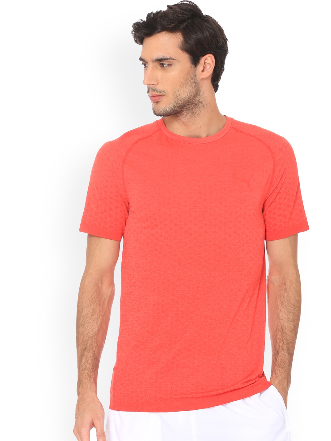 

Puma Men Orange Solid Round Neck Evostripe Evoknit T-shirt