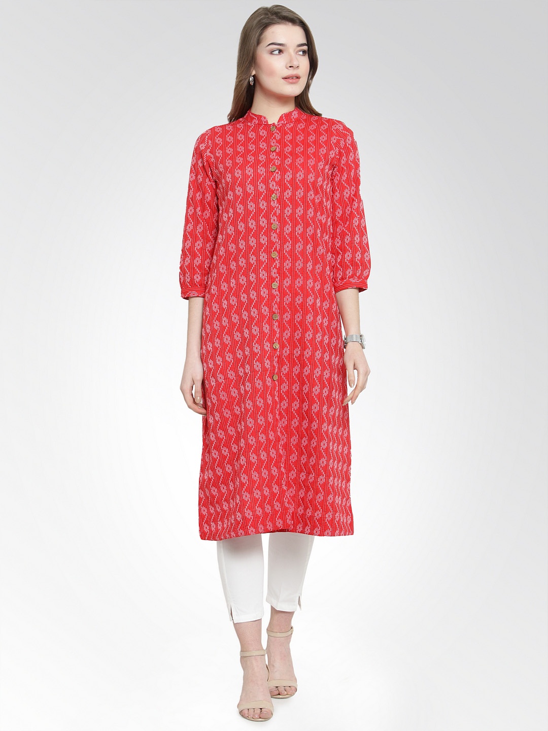 

Jompers Women Red Printed Straight Kurta