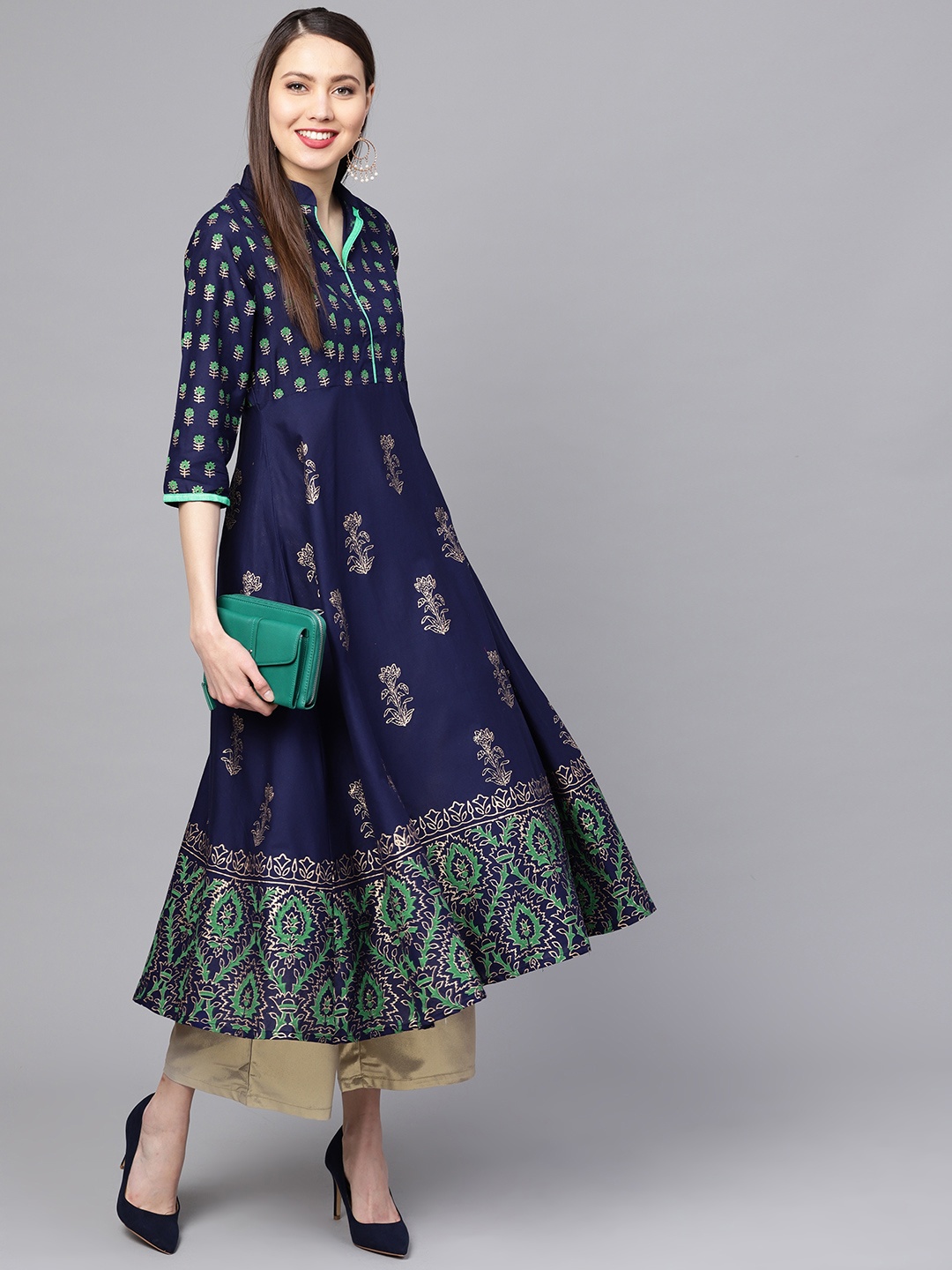 

ZOEYAMS Women Navy Blue & Green Block Print A-Line Kurta