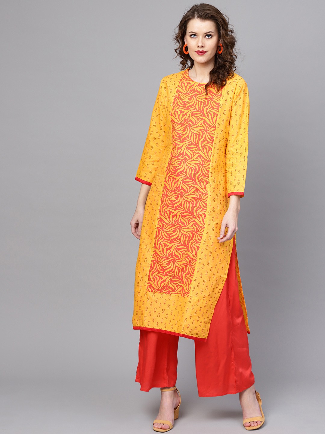 

ZOEYAMS Women Yellow & Orange Block Print A-Line Kurta