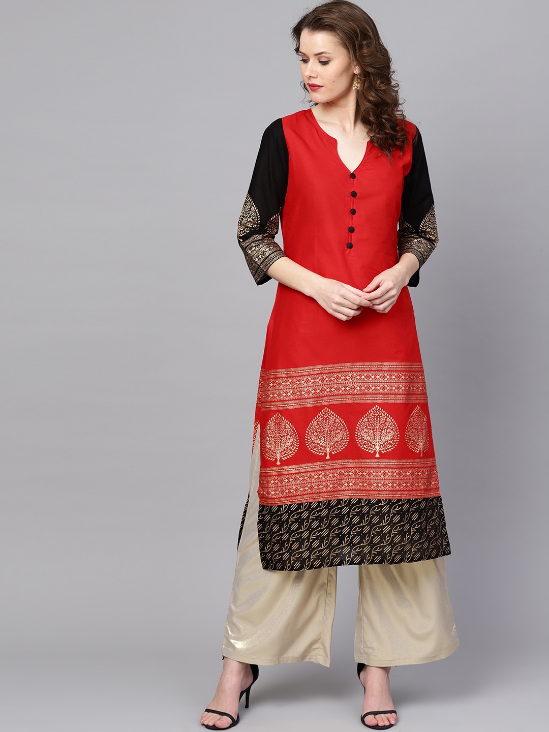 

ZOEYAMS Women Red & Golden Block Print Straight Kurta