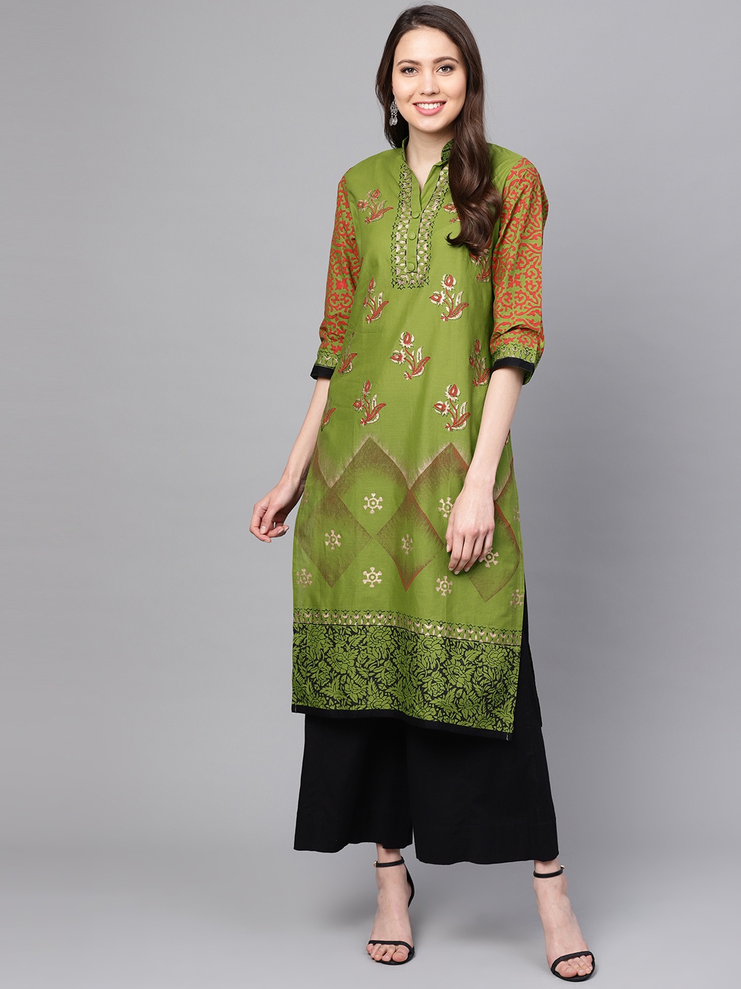 

ZOEYAMS Women Green & Red Block Print Straight Kurta