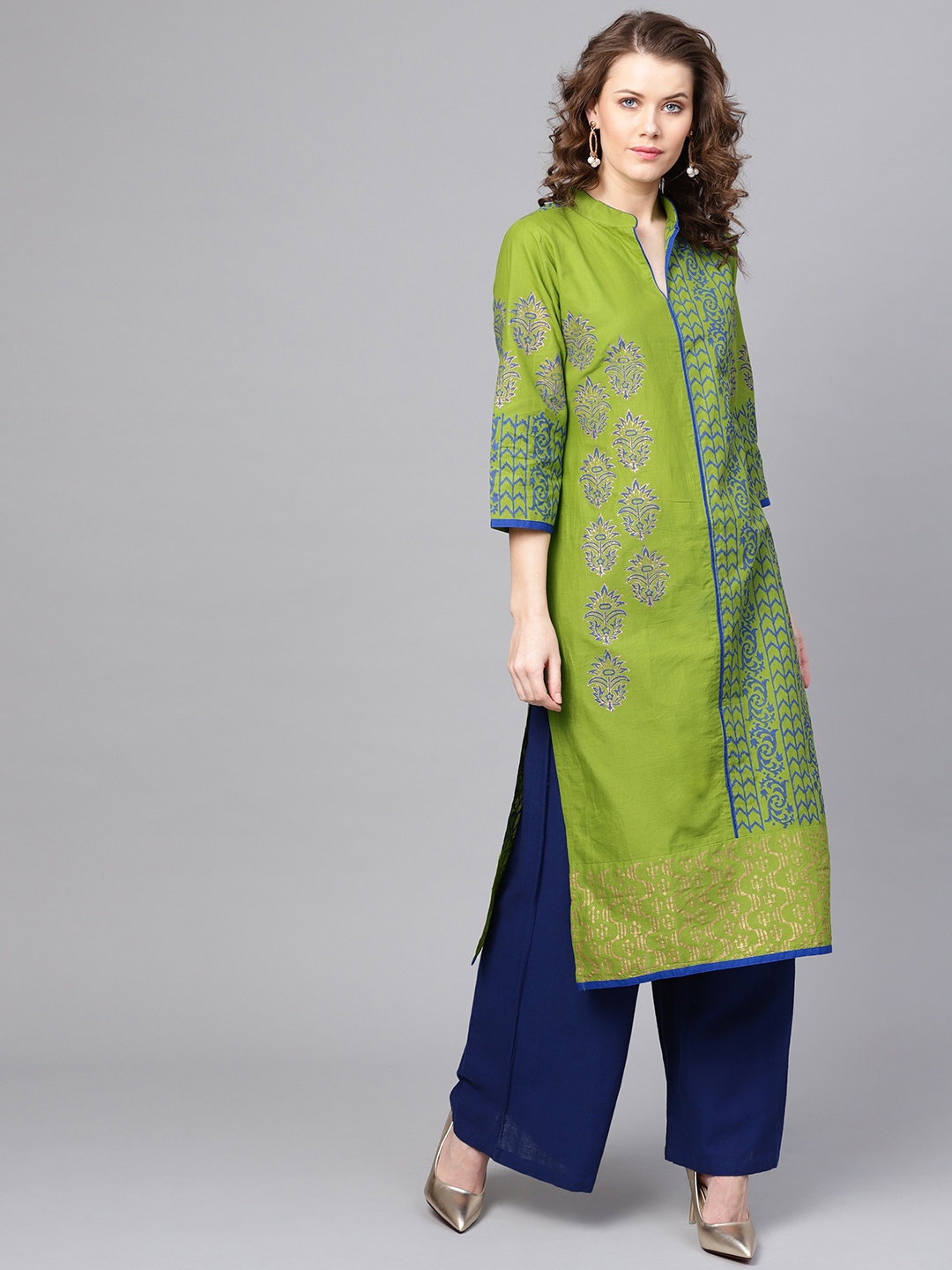 

ZOEYAMS Women Green & Blue Block Print Straight Kurta