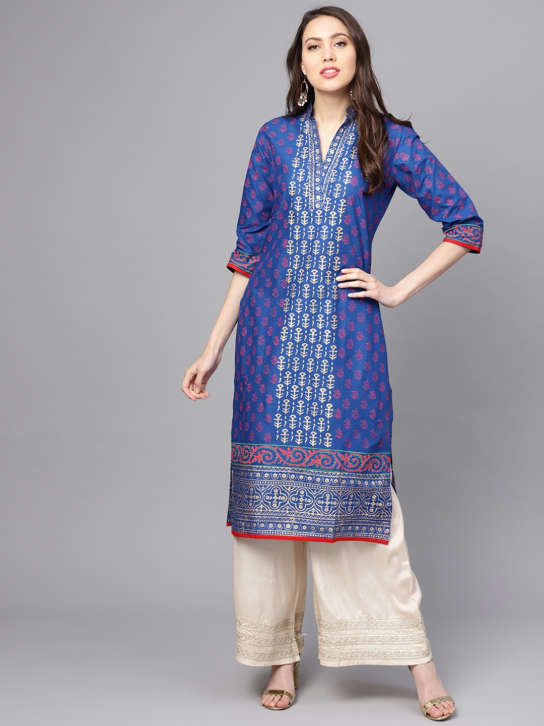 

ZOEYAMS Women Blue & Golden Block Print Straight Kurta