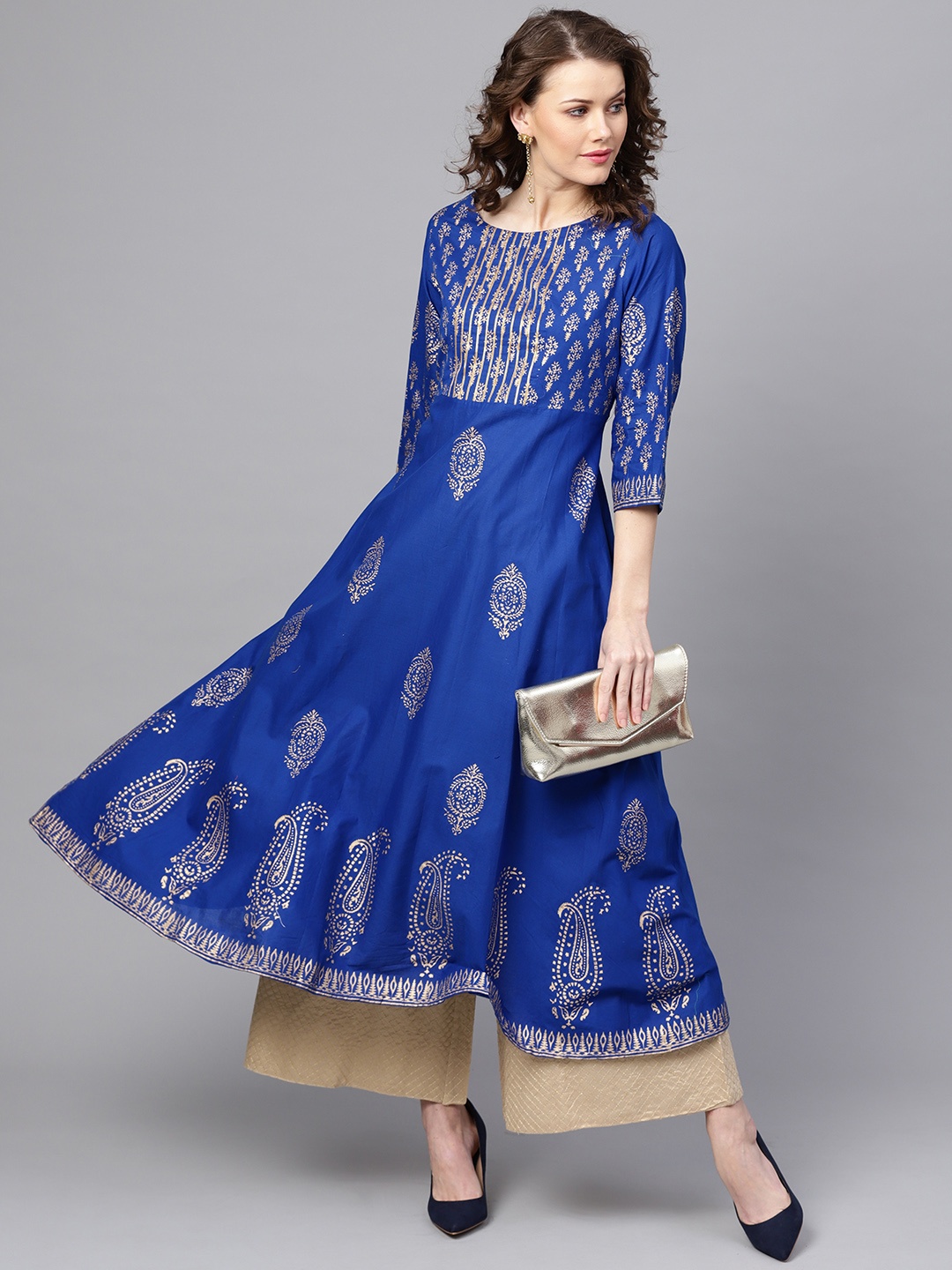 

ZOEYAMS Women Blue & Golden Block Print A-Line Kurta