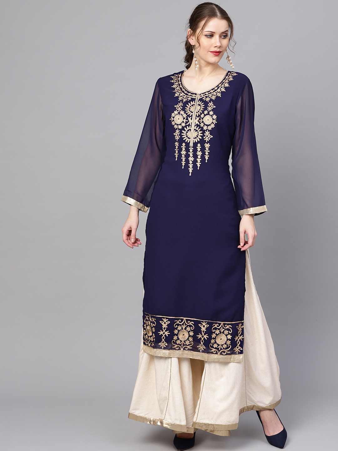 

ZOEYAMS Women Navy Blue Yoke Design Straight Kurta
