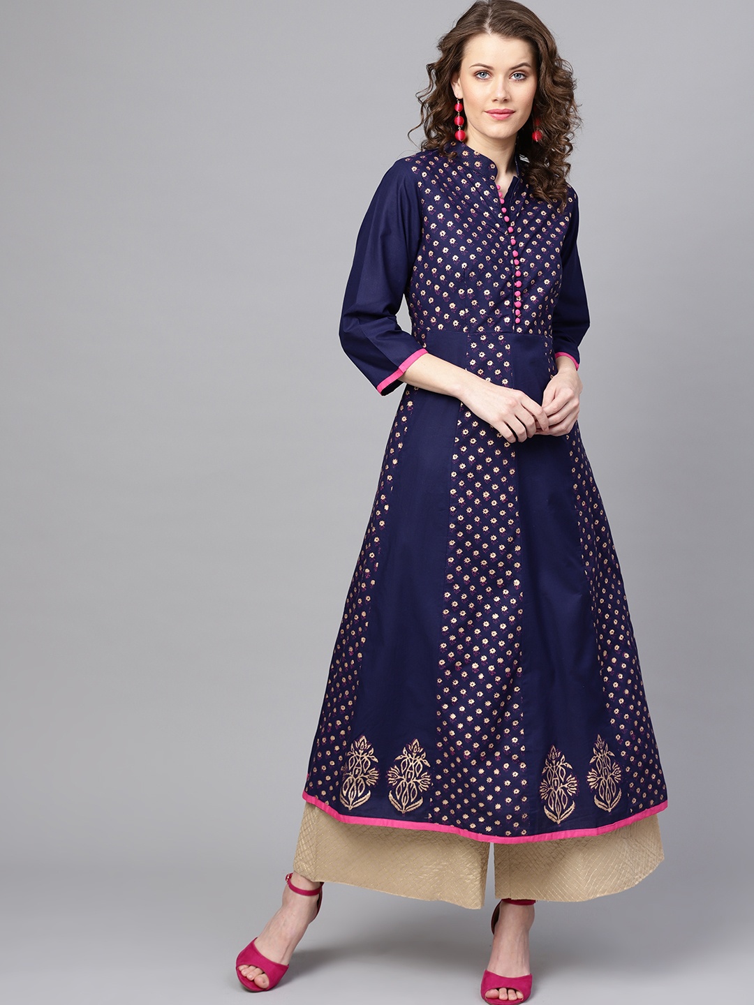 

ZOEYAMS Women Navy Blue & Golden Block Print Anarkali Kurta